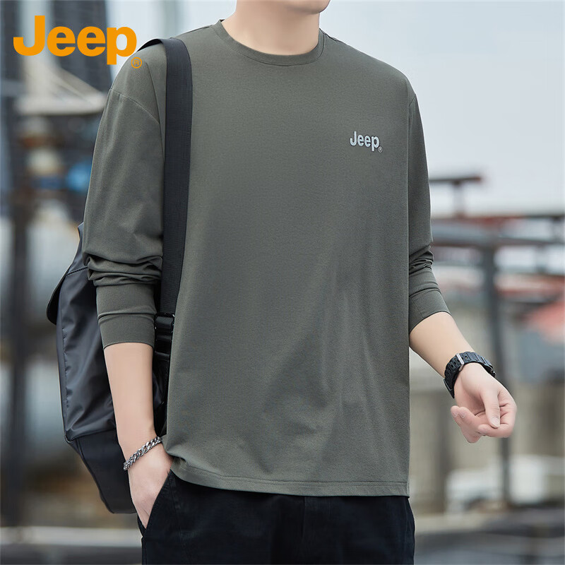 JEEP Long-Sleeve T-Shirt for Men, Spring And Summer Loose Casual Top, Men's Round Neck Undershirt, Men's Clothing, Army Green, M