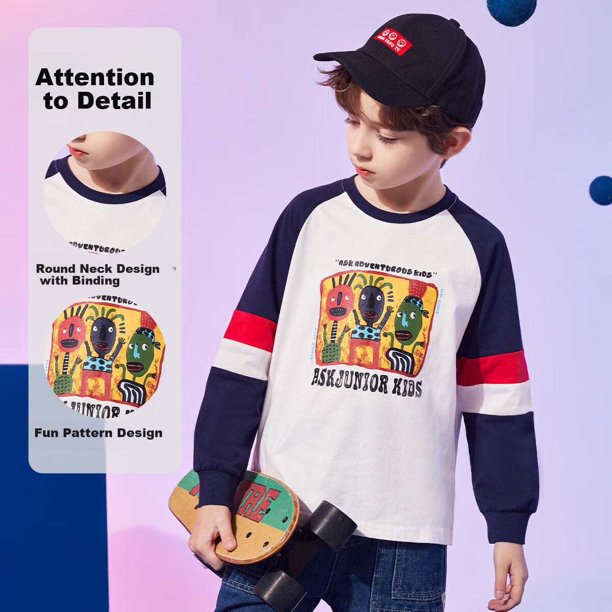 ASK JUNIOR Boys' Long Sleeve T-shirt 2025 Autumn Children's Drop-shoulder Cartoon Letter Print T-shirt White 110