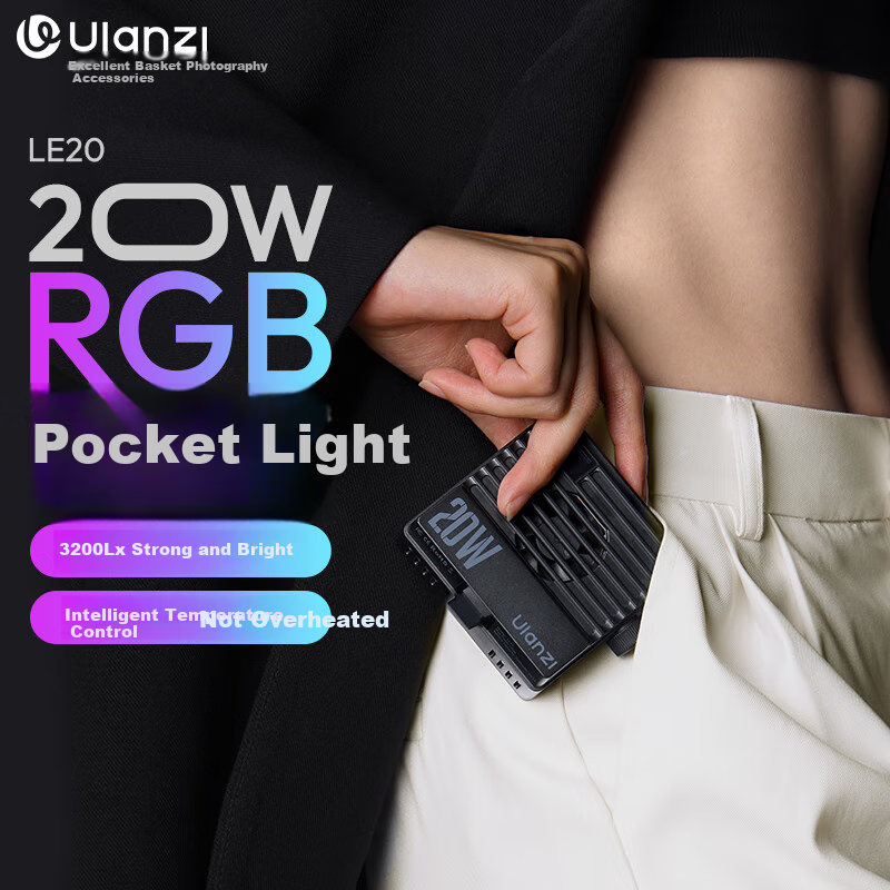 Ulanzi LE20 20W RGB Pocket Fill Light, Live Streaming Photography Light, Professional Portable Lighting, LED Light for Phone And Camera, Small Video Light, Indoor And Outdoor Flashlight