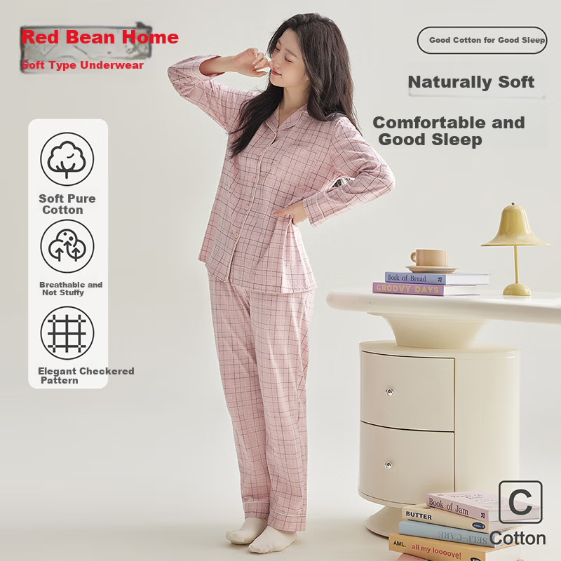 Hodohome Spring New Men and Women Pure Cotton Combed Couple Pajamas Women's Plaid Long Sleeve Home Wear Dawn Pink M