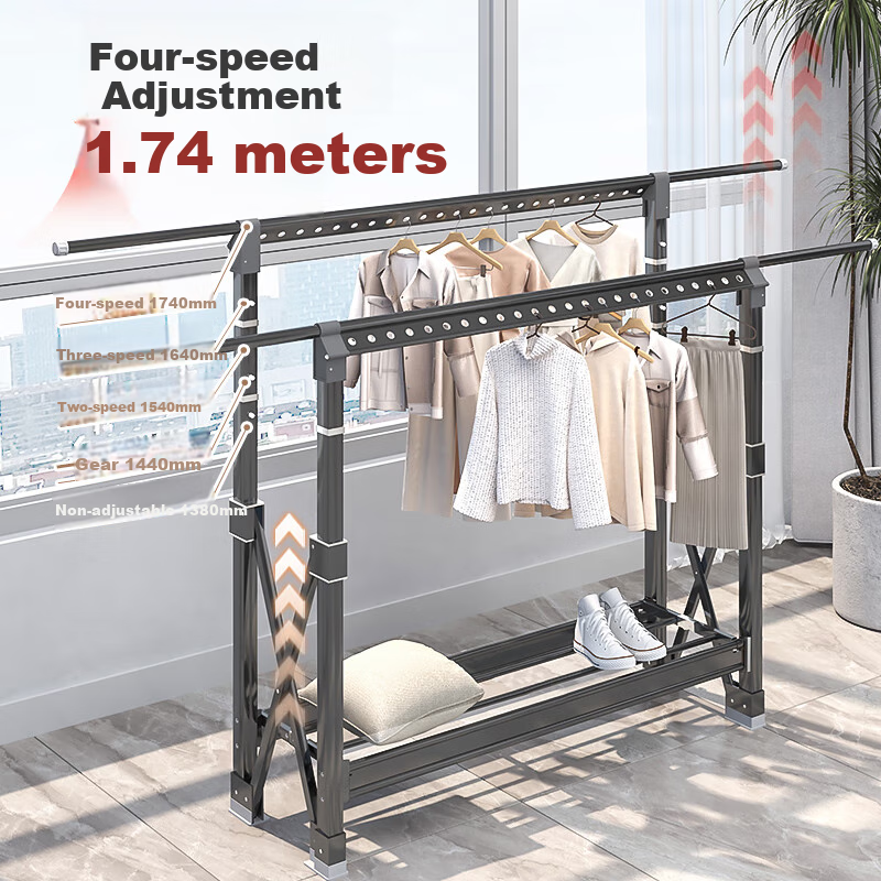 Chuangshuo Clothes Drying Rack, Floor-Standing, Foldable, Extendable, for Balcony, Suitable for Hanging Quilts, No Installation Required, H-Shaped, Black, Height Adjustable, Large Size, with Universal