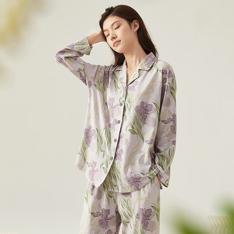 Dingguagua Top-Notch Pajamas for Women, Spring And Autumn, Pure Cotton, Button-Up Long Sleeve, Wearable Outside, Home Loungewear Set, Purple Floral, L(165)