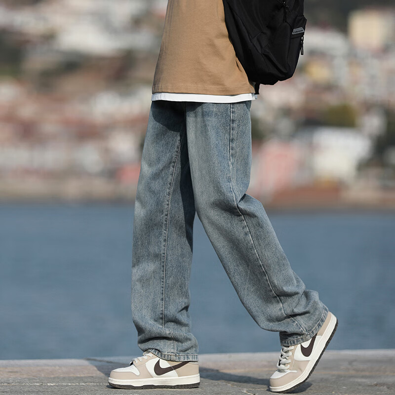 Homlean American-Style Stone-Washed Jeans for Men, Spring And Summer High Street Cool Loose Straight Wide-Leg Trousers, HS05 Vintage Blue M