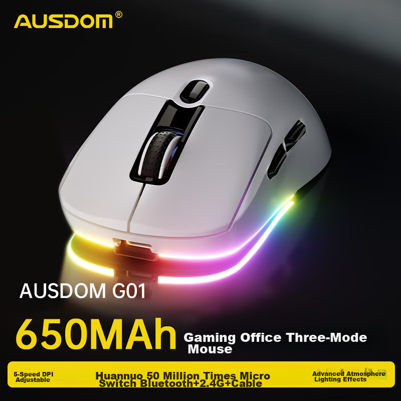 Asdun G01 Gaming Mouse, Tri-Mode Bluetooth Wired, Ergonomic Lightweight Wireless Mouse, 650mAh Large Capacity Long Battery Life, RGB Lighting Effects, PAW3311