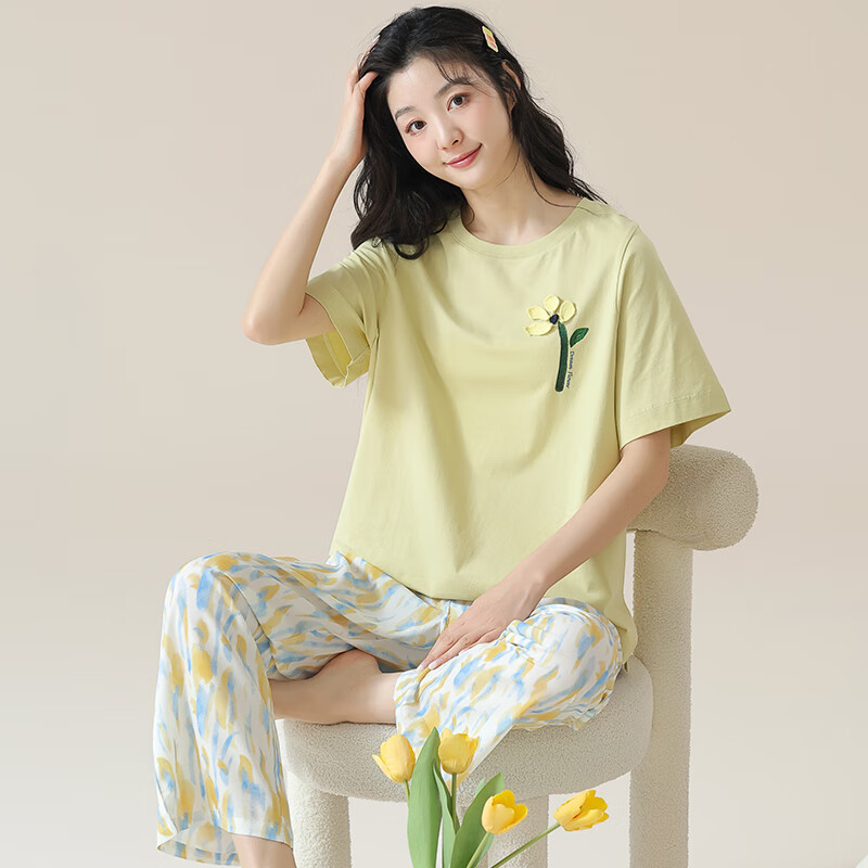 Xueximan Women's Pajamas, Spring And Summer, Xinjiang Cotton, with Chest Pads, Home Wear Set, Round Neck Pullover, Suitable for Outdoor Wear, Women's Sleepwear, XXL