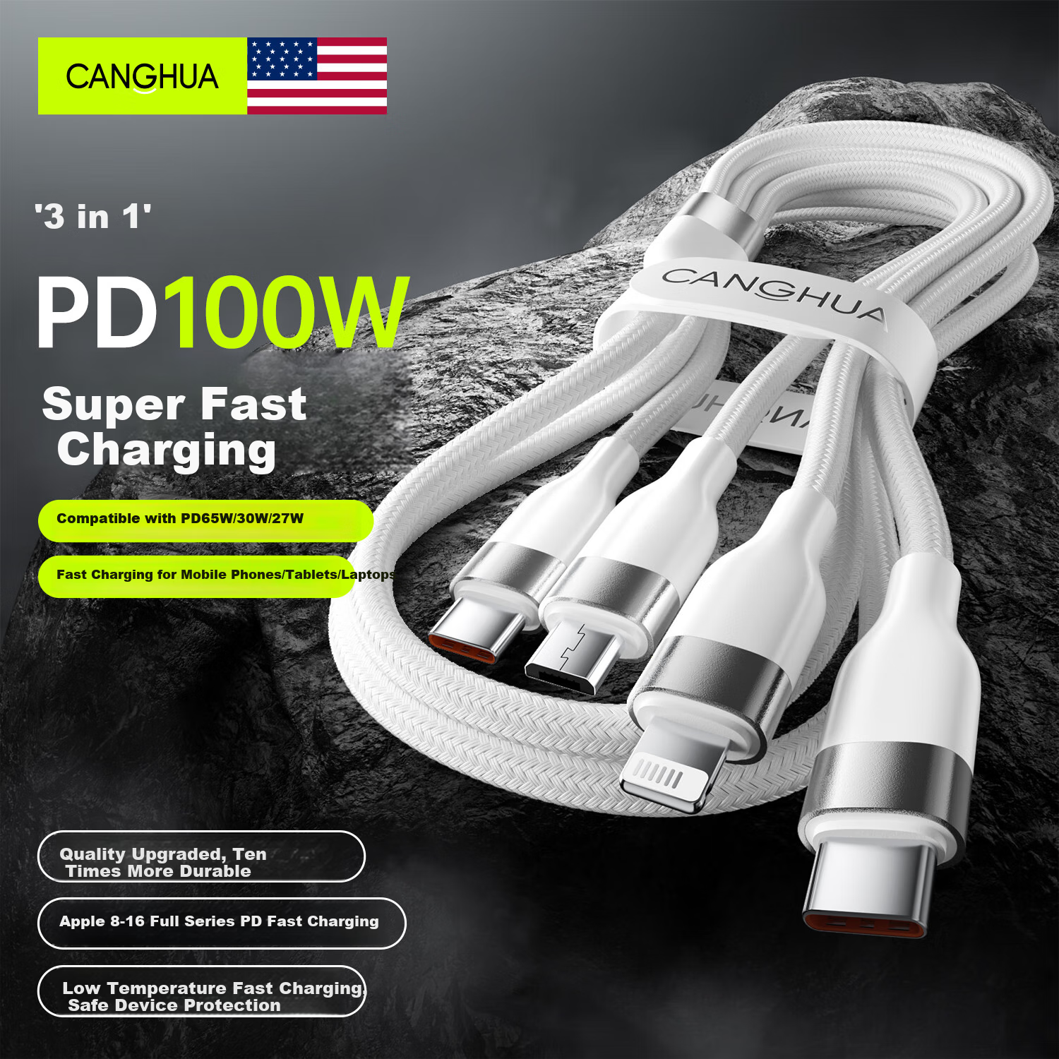 CangHua Type-C 3-in-1 Charging Cable PD100W/30W Fast Charge One Drag Three Head for Apple 16/15 Pro Max, Huawei, Xiaomi, iPhone, iPad, Tablet, Car Use