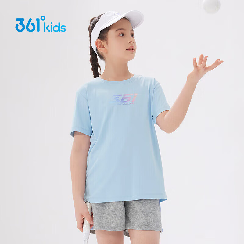 361° Children's Quick-Dry Short Sleeve, 2025 Summer, for Boys And Girls, Big Kids, Lightweight Breathable T-Shirt, Logo Short Sleeve T-Shirt, Soft Blue, Size 170