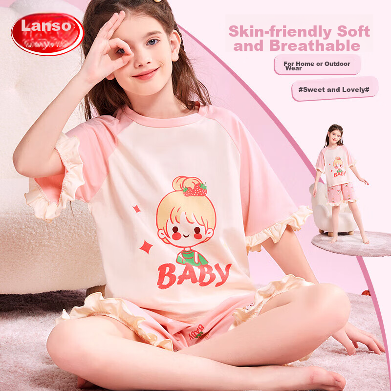 LangSha Children's Pajamas, Girls' Summer Thin Pure Cotton Sleepwear, for Older Children And Teenage Girls, Home Wear Short-Sleeve Set, Pink, Size 170